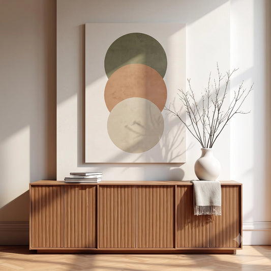 Cuadro estilo Japandi Círculos de la Tierra colgado sobre un mueble de madera acanalado en una sala iluminada.