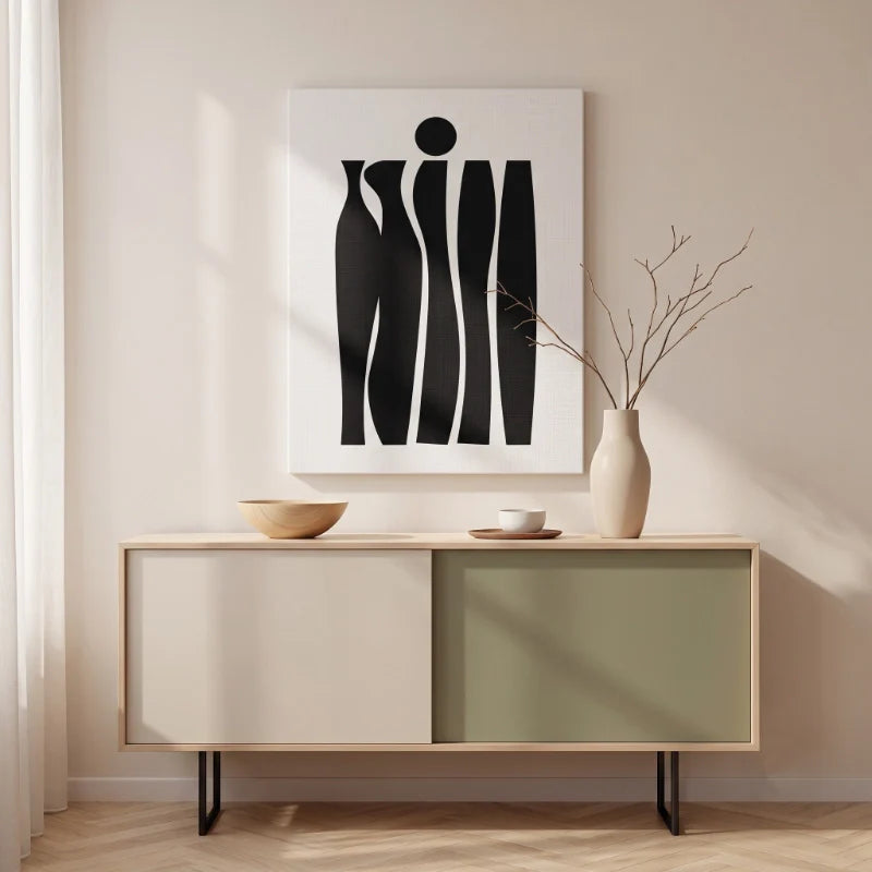 Colección de cuadros minimalistas de Intuitivo con diseños de líneas puras y colores neutros en una sala de estar.