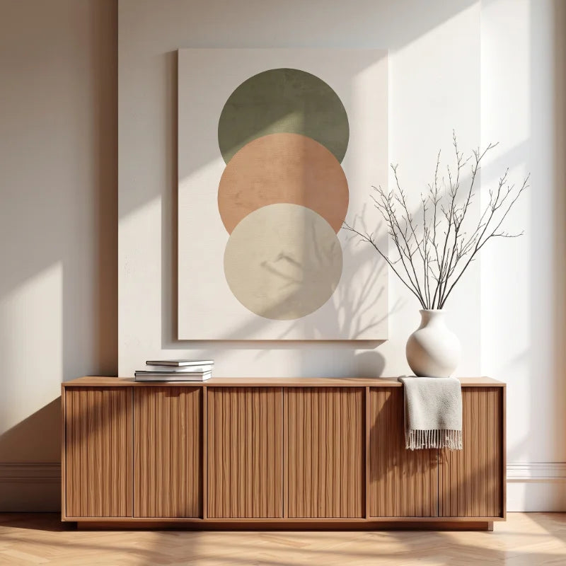 Cuadros de estilo Japandi y arte orgánico texturizado de Intuitivo en un espacio de diseño interior sereno.