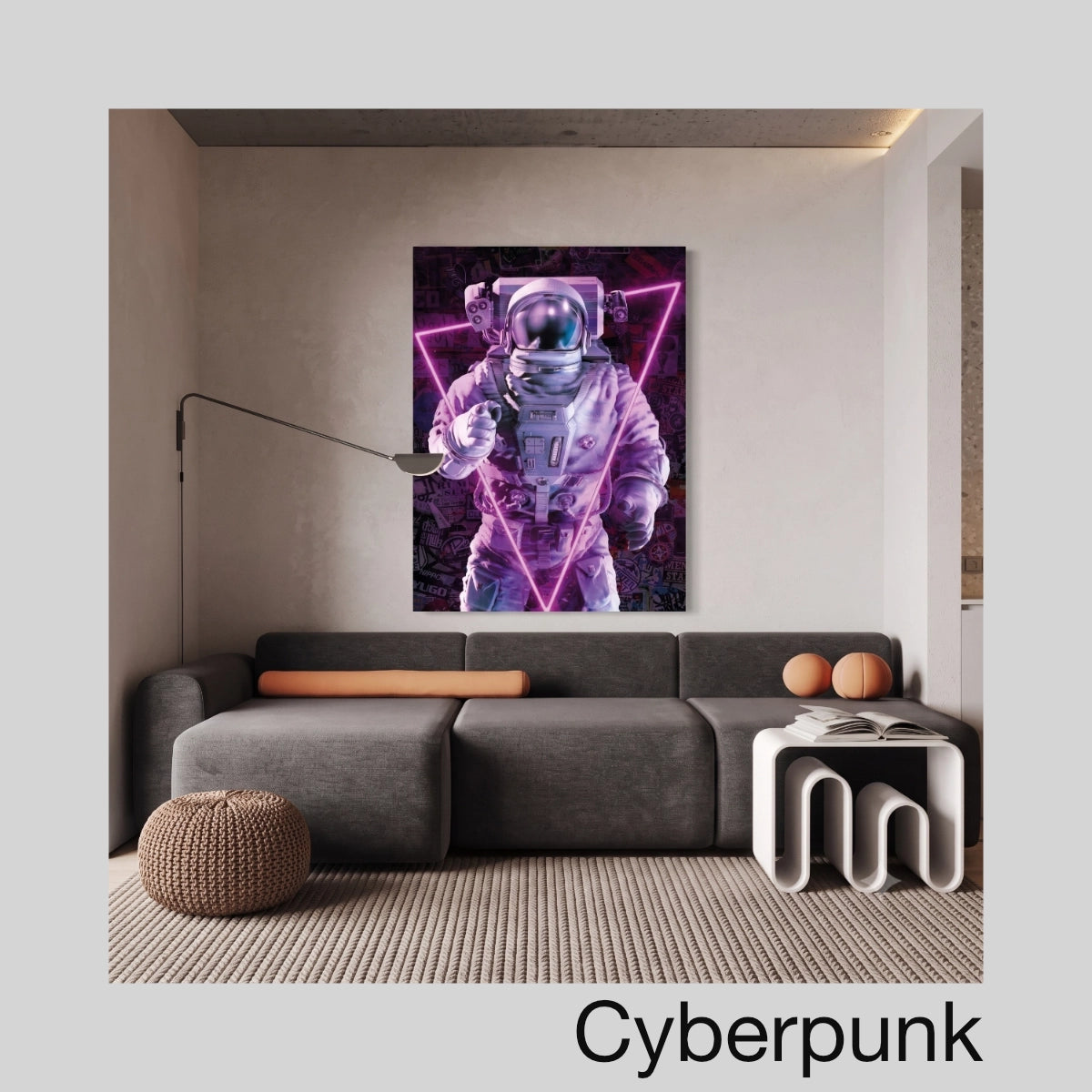 cuadro decorativo astronauta cyberpunk en sala