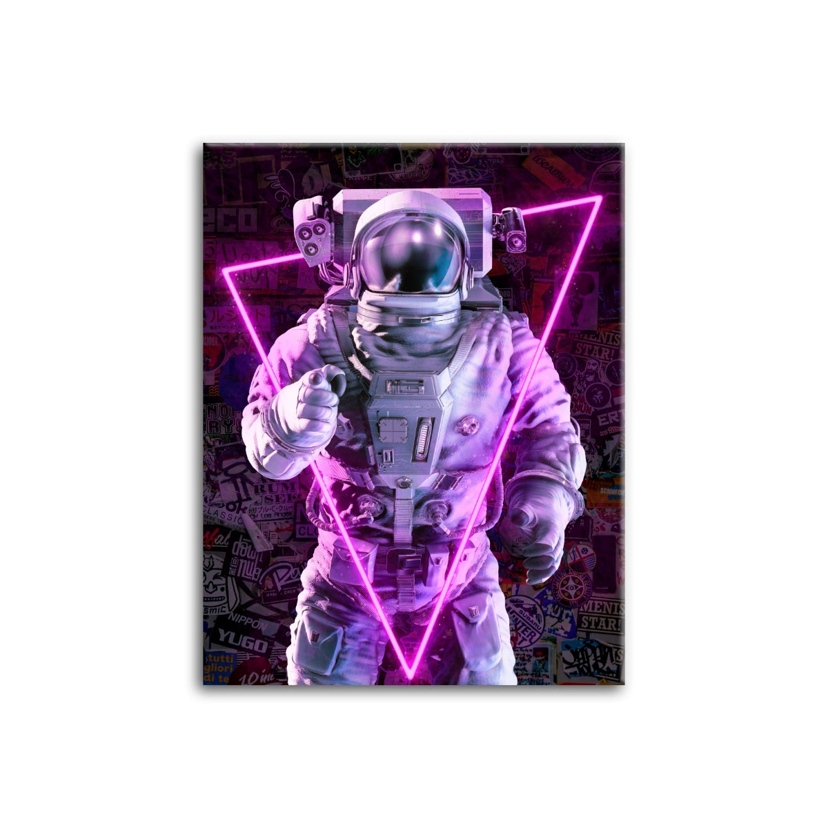 Cuadro moderno de astronauta con triángulo neon magenta y arte urbano estilo cyberpunk de Intuitivo.