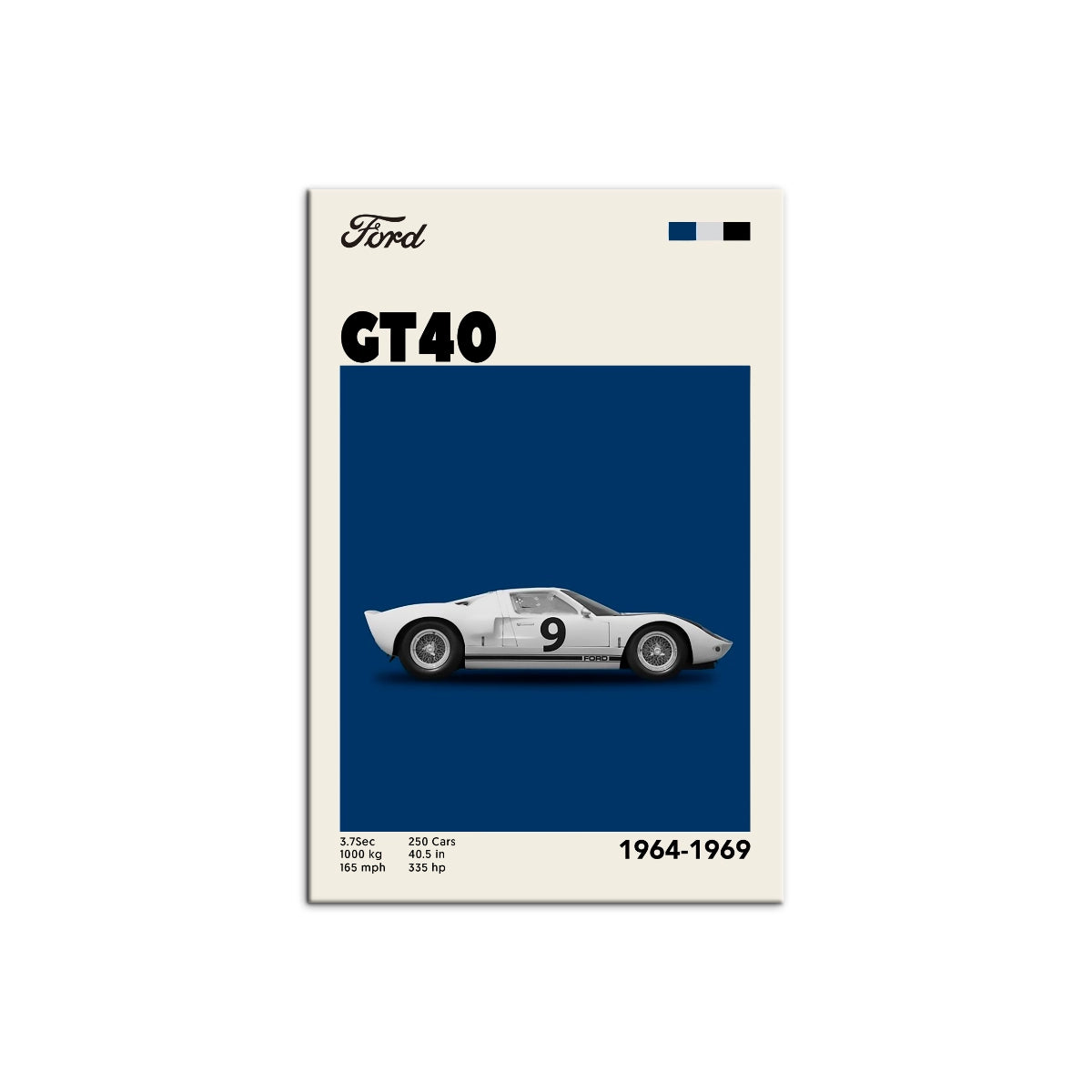cuadro editorial del clásico Ford GT40 de carreras sobre bloque azul y fondo crema de Intuitivo.