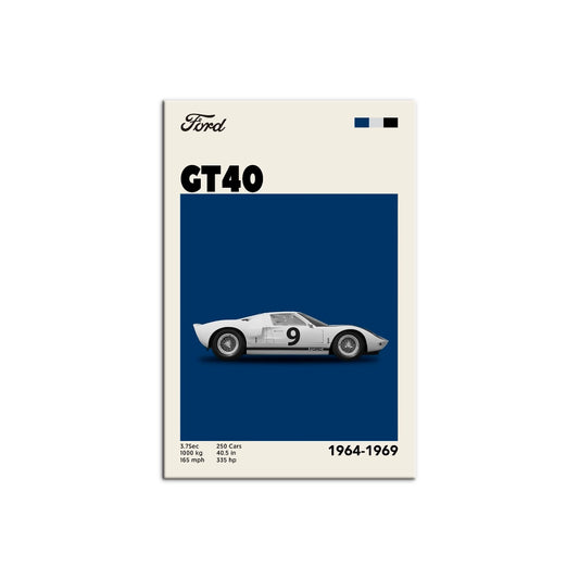 cuadro editorial del clásico Ford GT40 de carreras sobre bloque azul y fondo crema de Intuitivo.