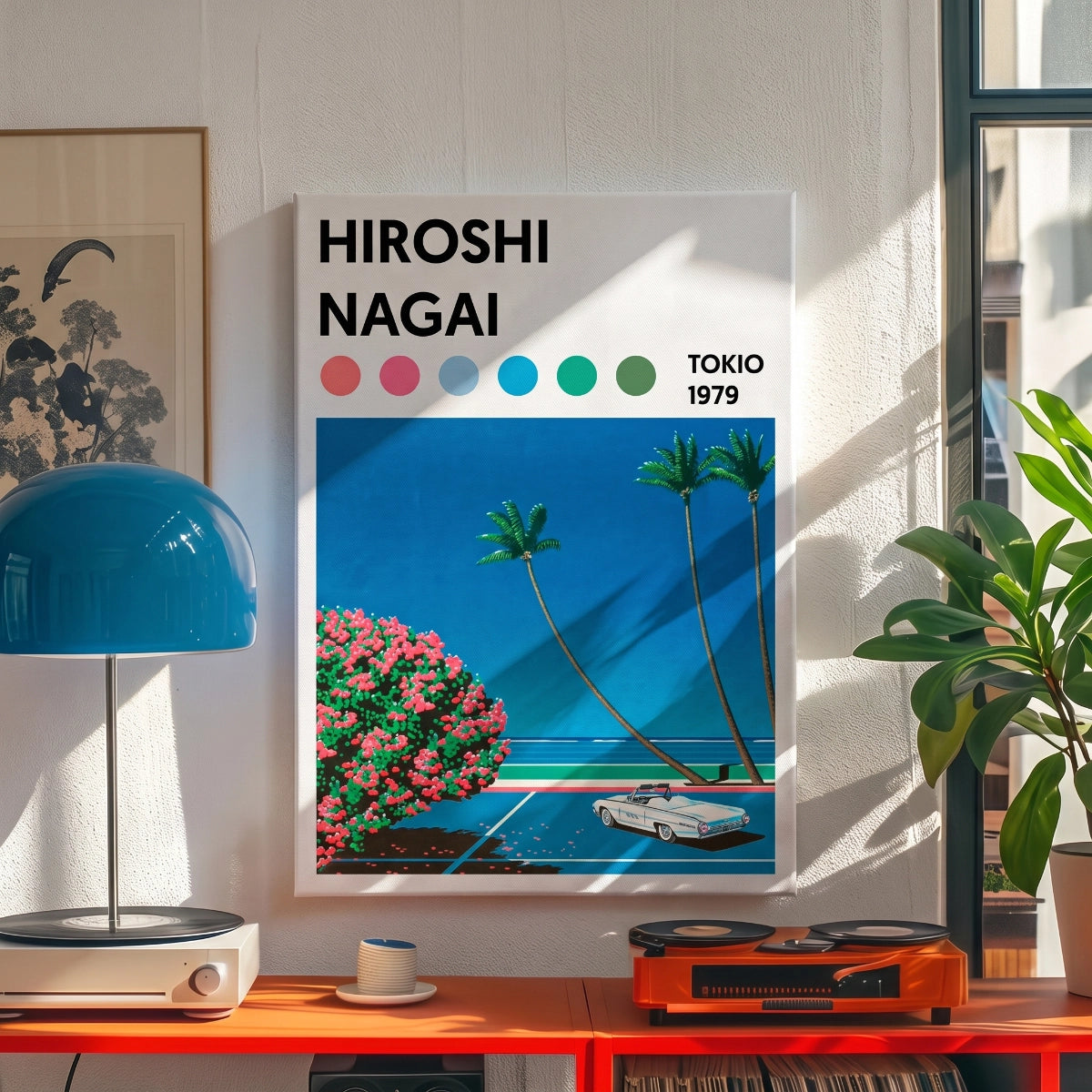 Cuadro de Hiroshi Nagai colgado sobre un mueble rojo con equipo de audio y plantas en una sala moderna.