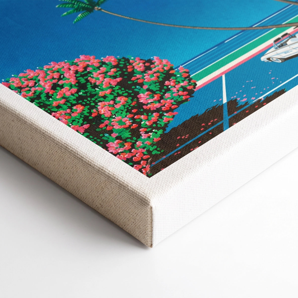 Detalle de la textura en lienzo y esquina de bastidor de pino del cuadro Hiroshi Nagai.