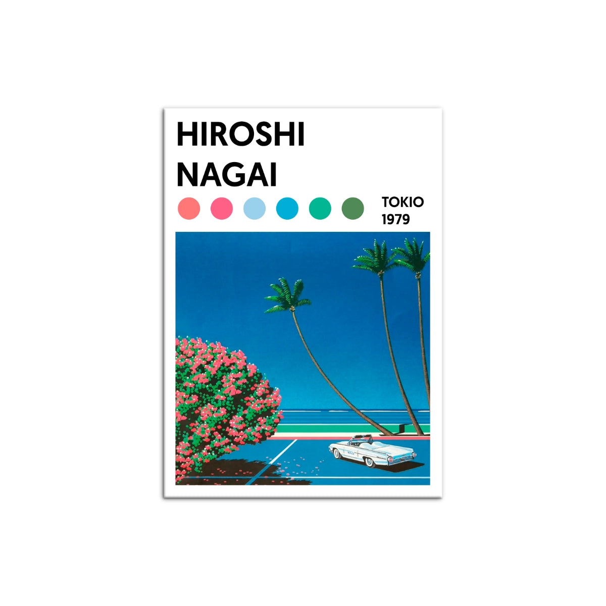 Cuadro estilo póster editorial de Hiroshi Nagai con carro descapotable clásico frente al mar de Intuitivo.