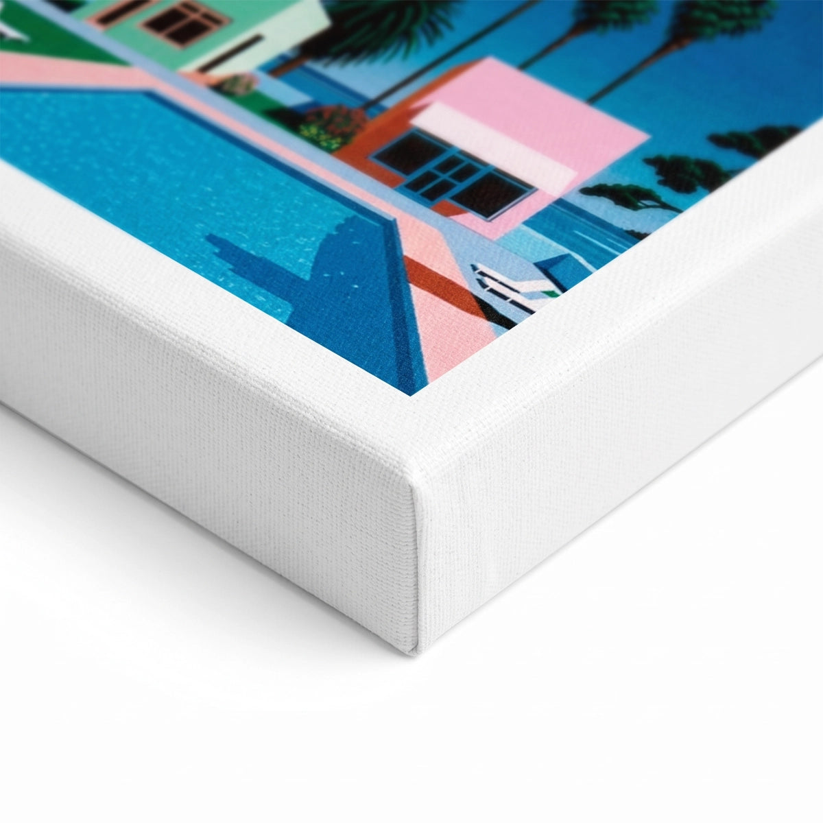 Detalle de la textura en lienzo y acabado de esquina en bastidor del cuadro Hiroshi Nagai.