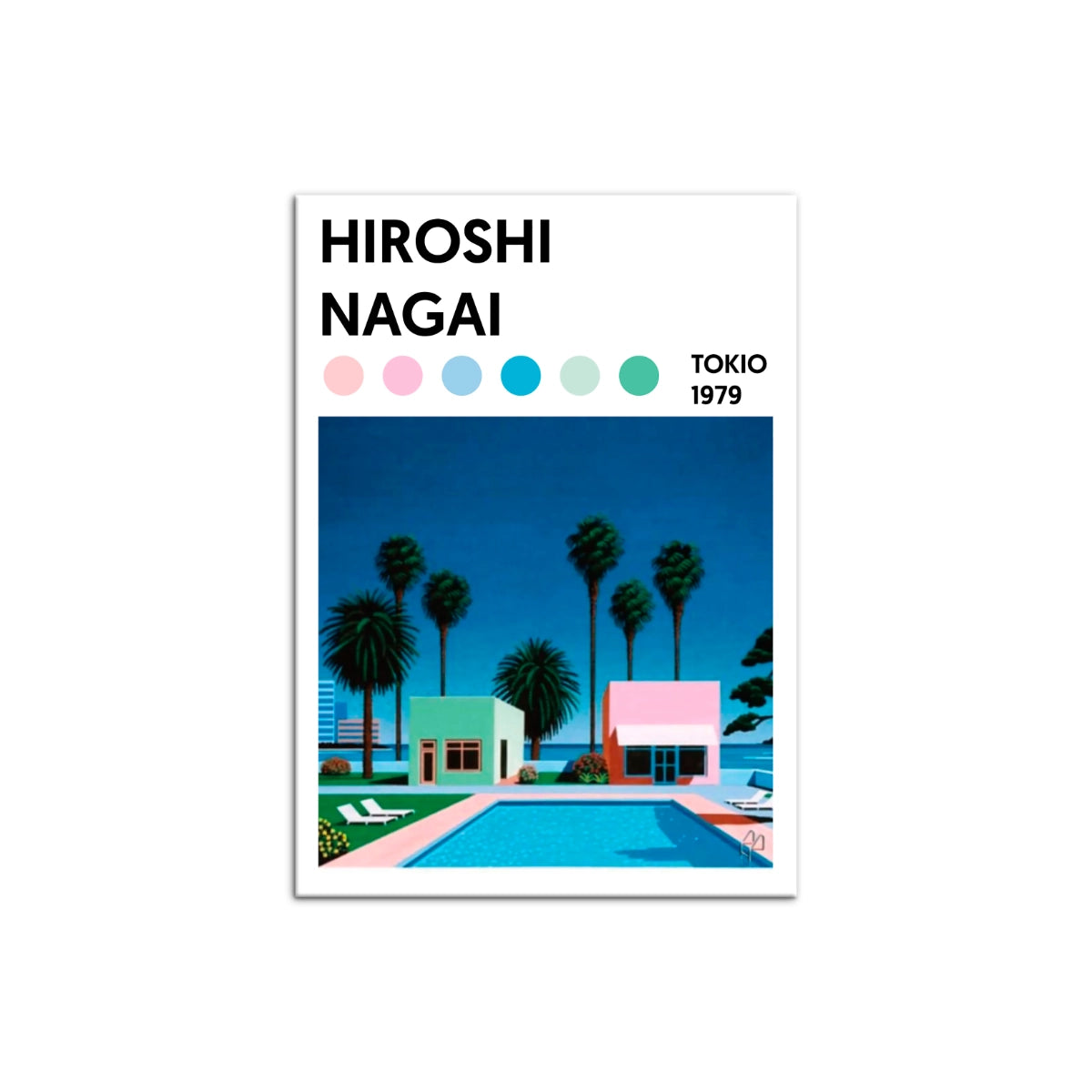 Cuadro estilo póster editorial de Hiroshi Nagai con piscina y palmeras Tokio 1979 de Intuitivo.