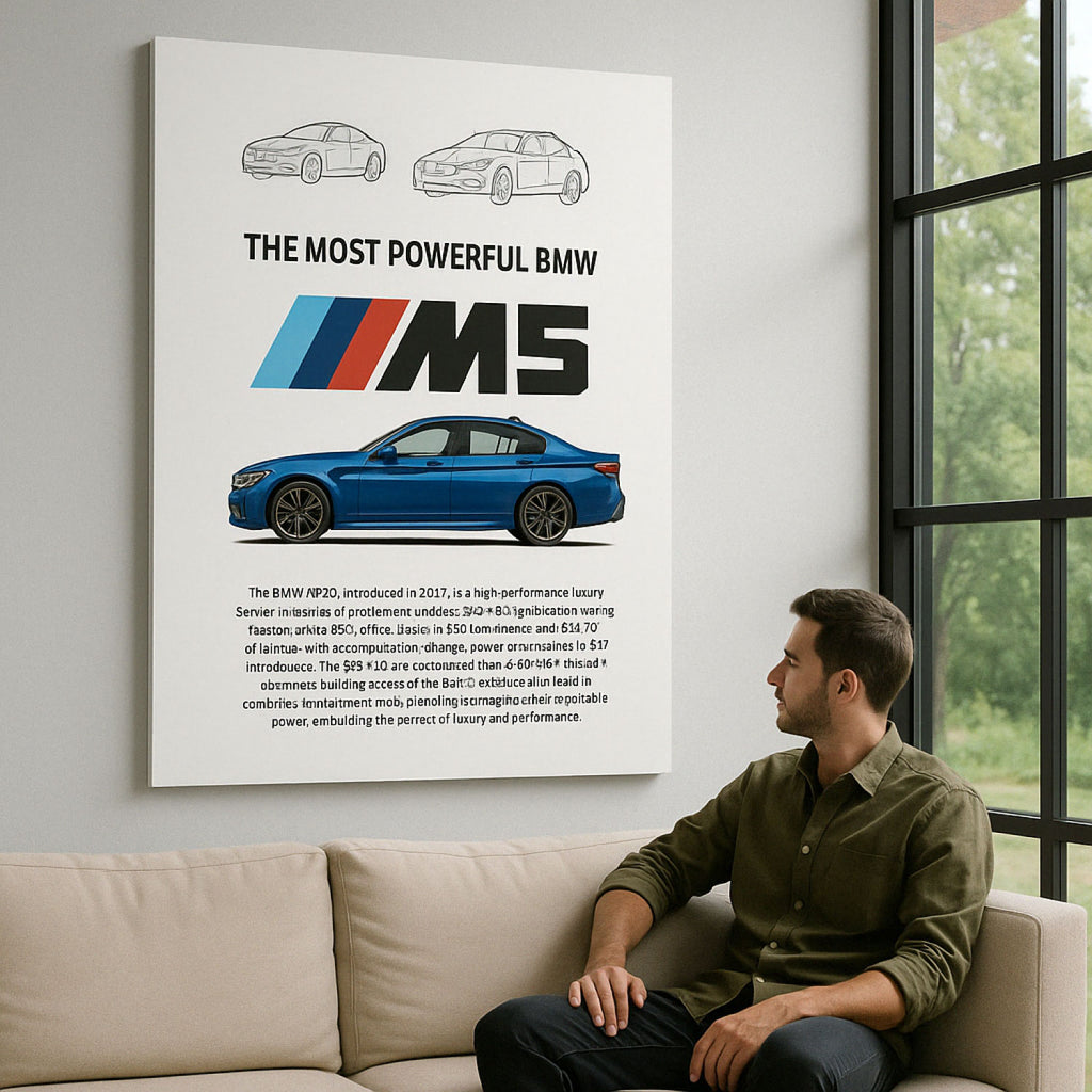 Cuadro BMW M5 F90 colgado en sala moderna, vista frontal, sin marco, con bastidor delgado y proporción realista de 90x65 cm