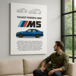 Cuadro BMW M5 F90 colgado en sala moderna, vista frontal, sin marco, con bastidor delgado y proporción realista de 90x65 cm