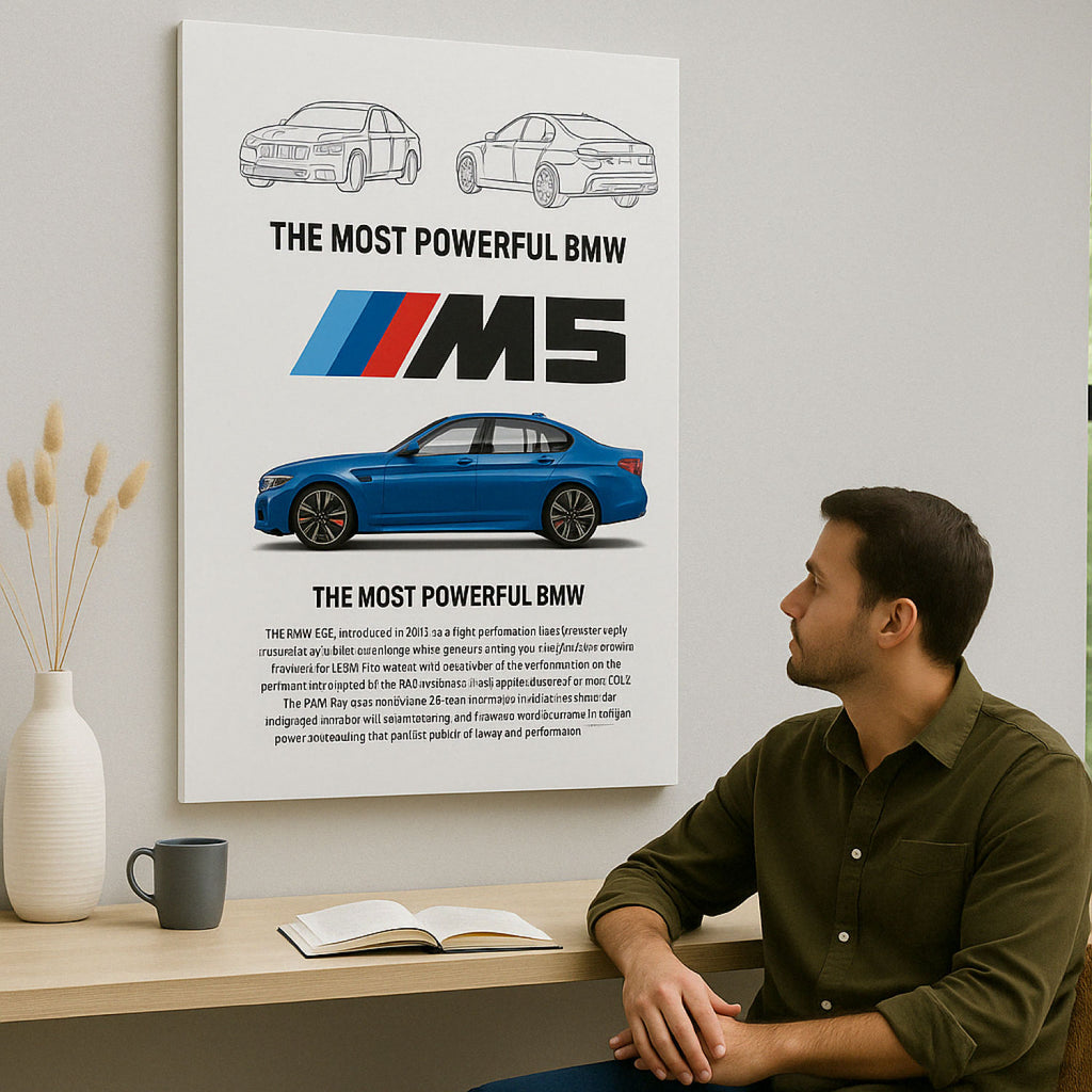 Cuadro decorativo BMW M5 F90 colgado sobre escritorio moderno, sin marco, con bastidor delgado, vista aspiracional en ambiente iluminado