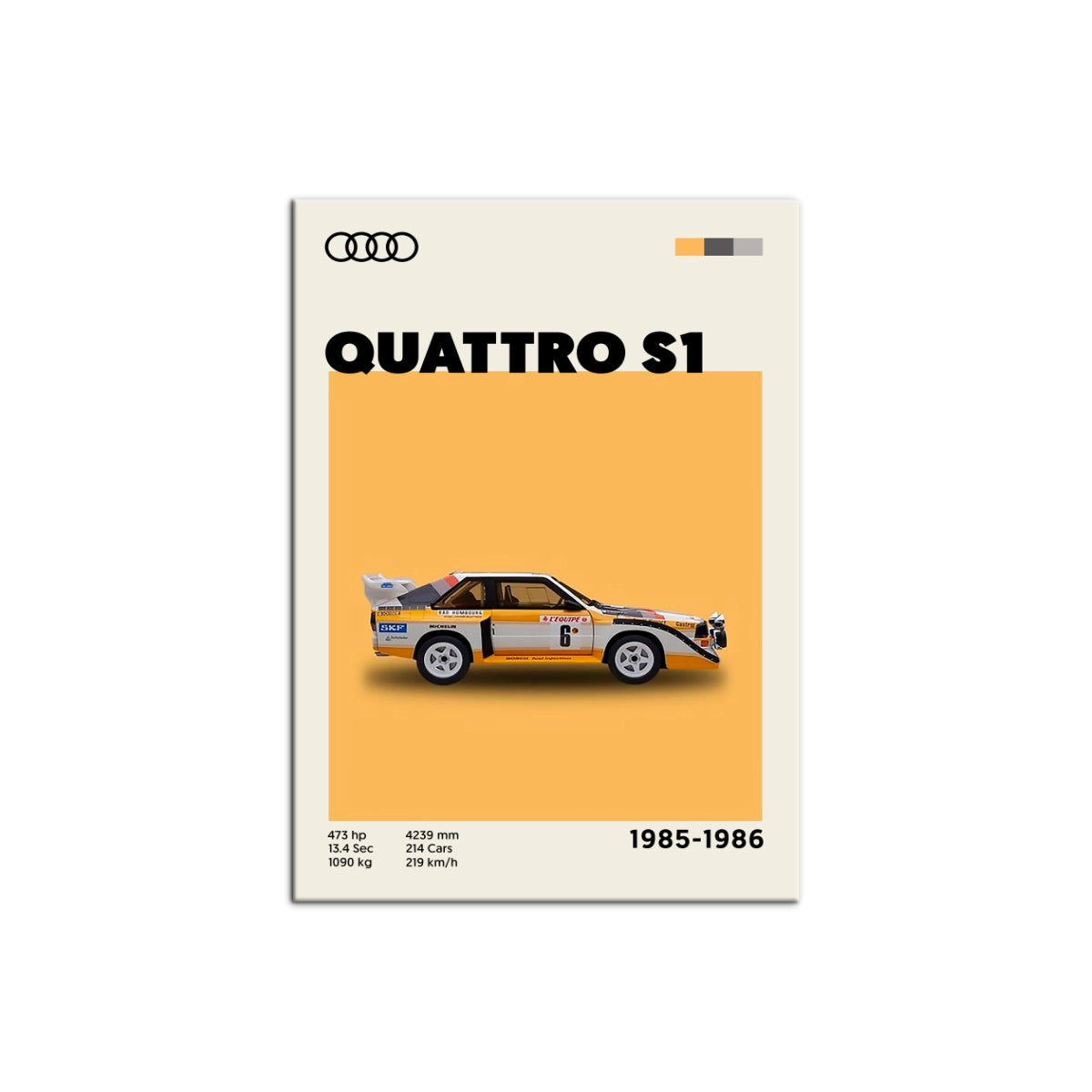 Cuadro estilo póster técnico del legendario Audi Quattro S1 Grupo B sobre bloque amarillo de Intuitivo.