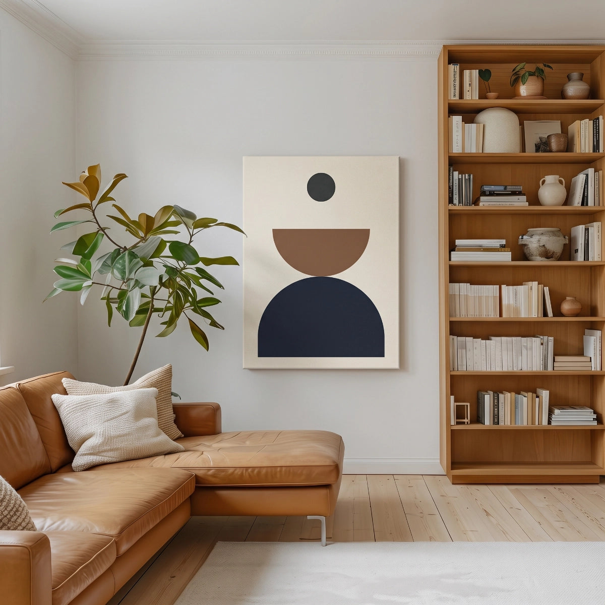 Cuadro Geométrico Japandi de Intuitivo decorando una pared junto a un sofá de cuero terracota y estantería de madera nórdica.