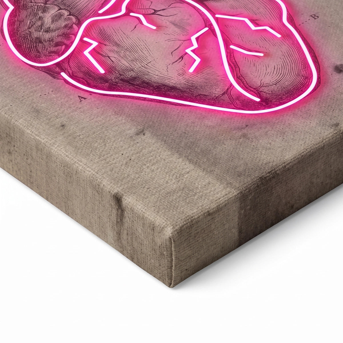 Detalle de la textura de lienzo y esquina de bastidor de madera del cuadro corazón neón.
