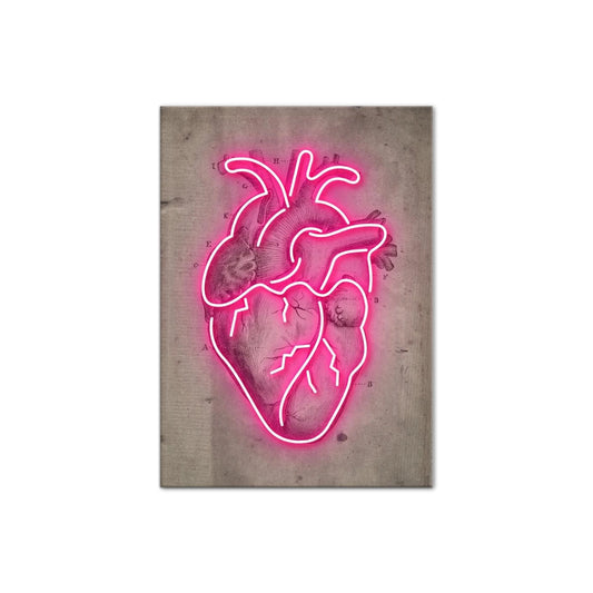 Cuadro moderno de corazón anatómico en grabado vintage con contorno neón fucsia de Intuitivo