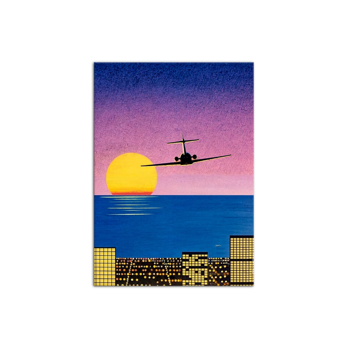 Cuadro artístico de Hiroshi Nagai con avión volando hacia el atardecer y rascacielos iluminados de Intuitivo.