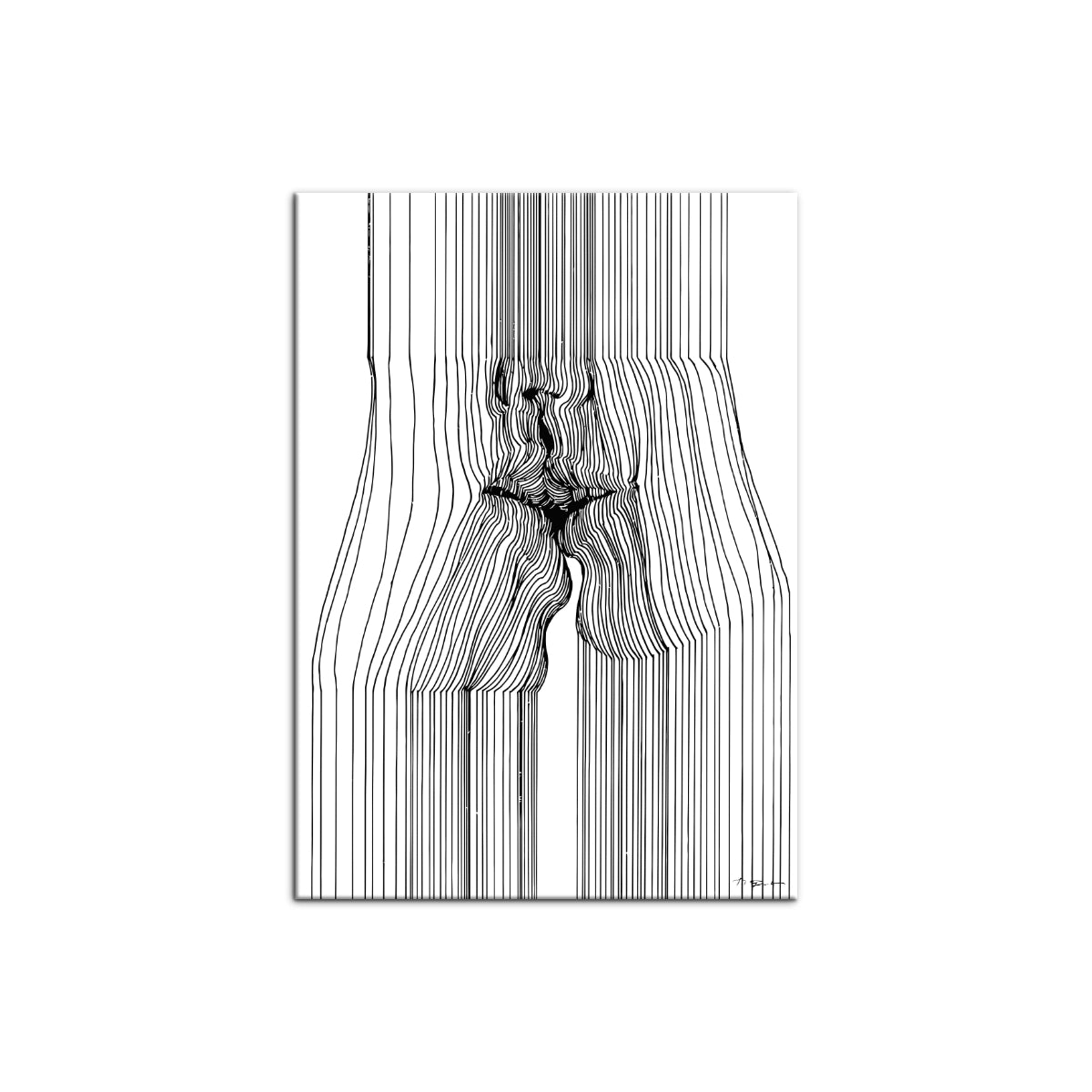 Cuadro minimalista de arte óptico con líneas verticales formando un beso en blanco y negro de Intuitivo.