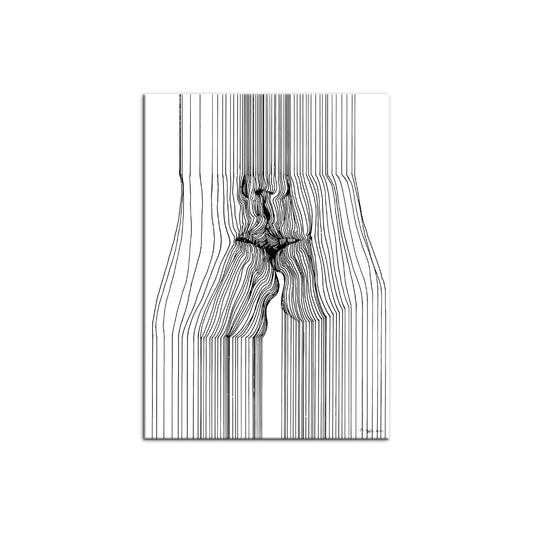 Cuadro minimalista de arte óptico con líneas verticales formando un beso en blanco y negro de Intuitivo.