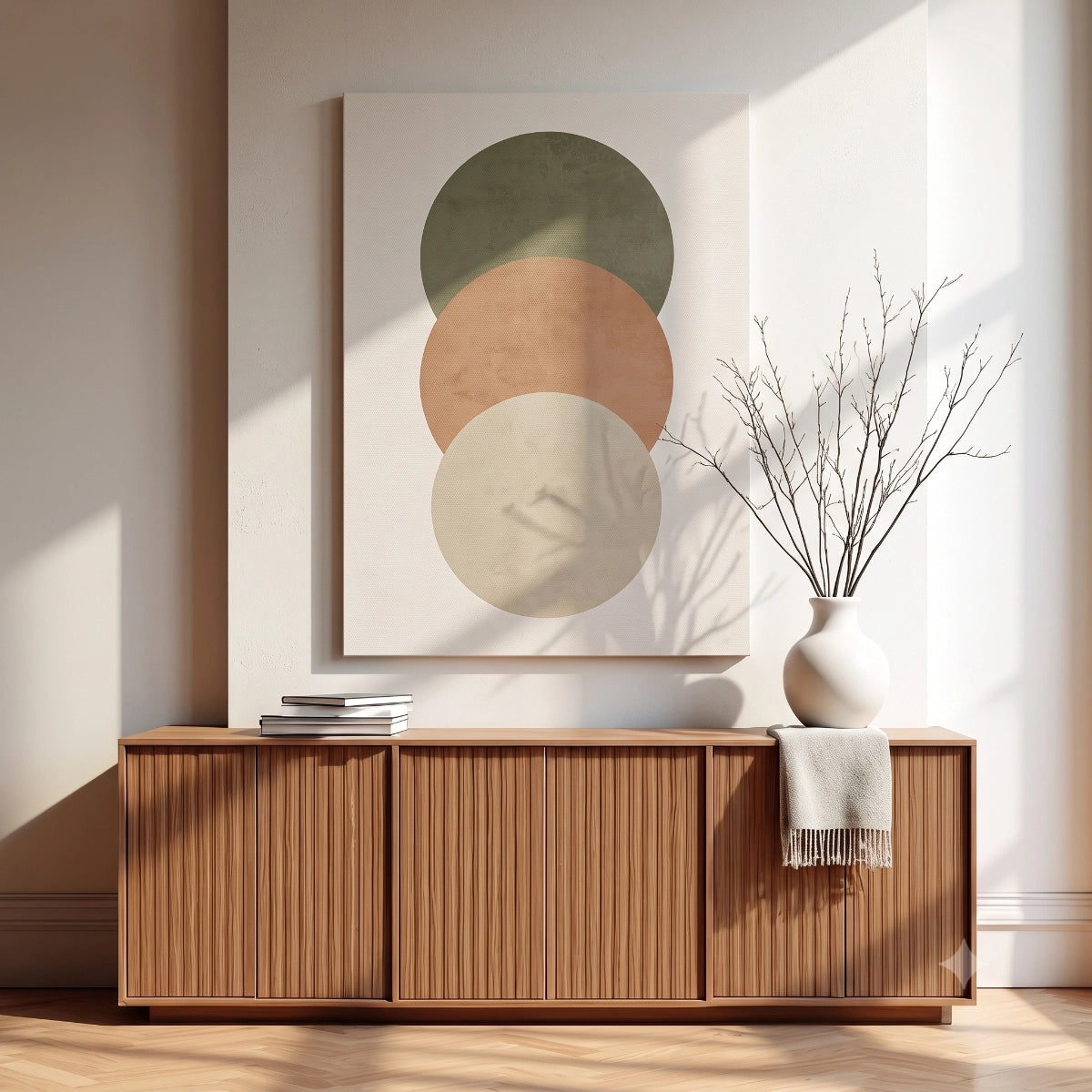 Cuadro estilo Japandi Círculos de la Tierra colgado sobre un mueble de madera acanalado en una sala iluminada.