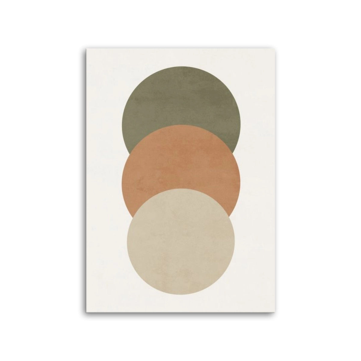 Cuadro Japandi con tres círculos abstractos en verde oliva, terracota y beige sobre fondo crudo de Intuitivo.