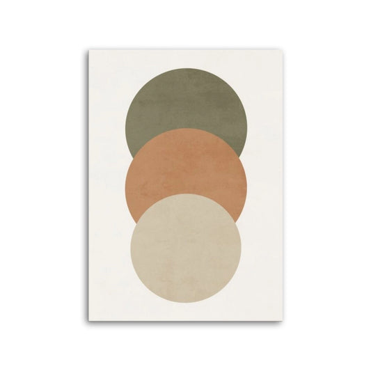 Cuadro Japandi con tres círculos abstractos en verde oliva, terracota y beige sobre fondo crudo de Intuitivo.