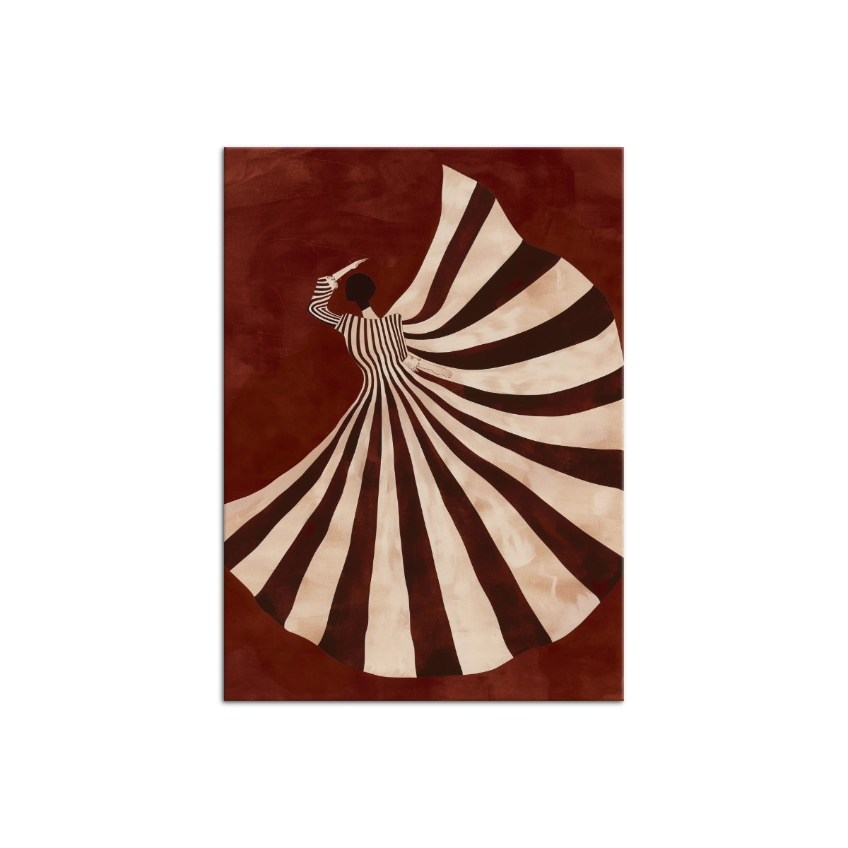 Cuadro decorativo minimalista mujer bailando en tonos rojo profundo, terracota y crema con vestido de rayas sobre lienzo - Intuitivo