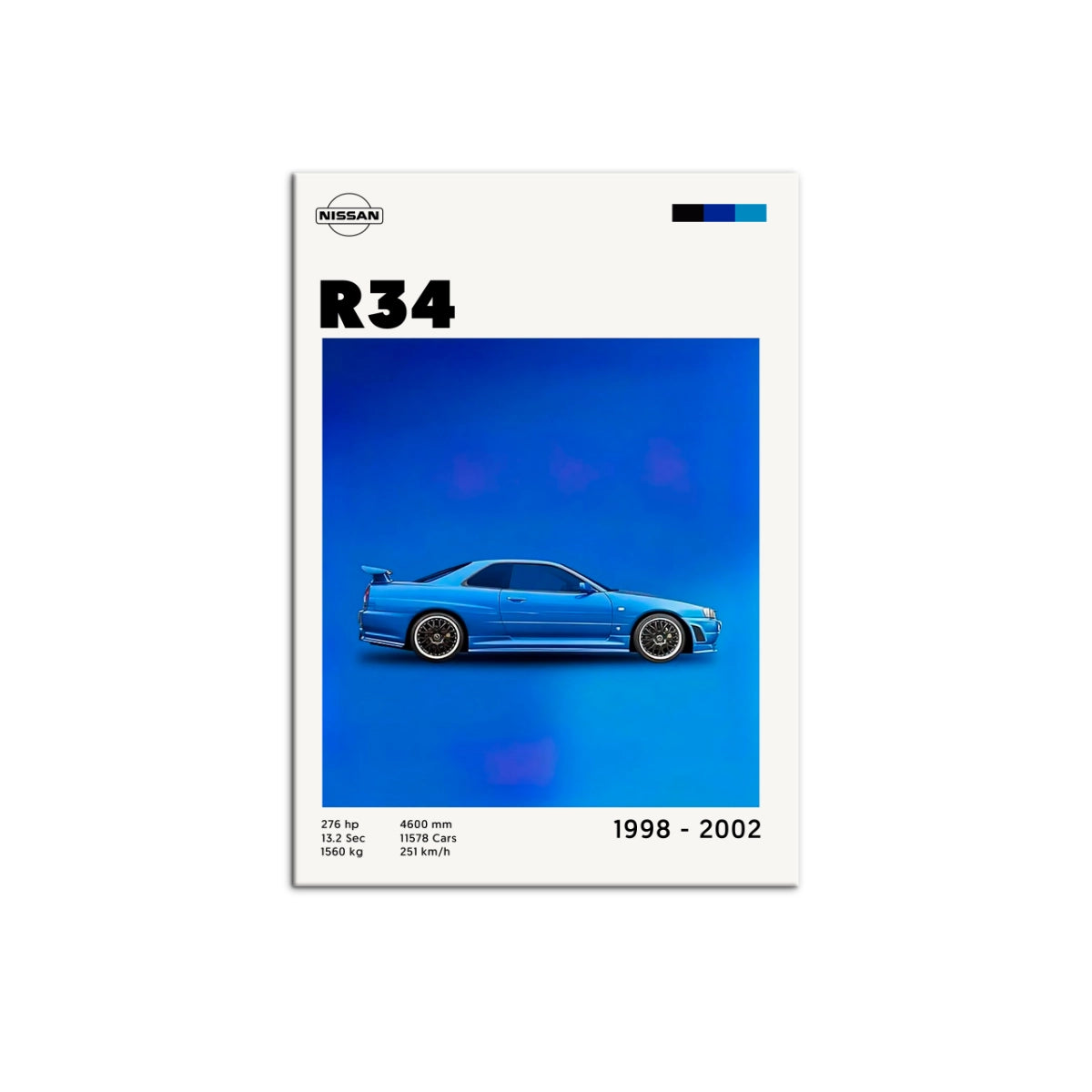 Cuadro estilo póster técnico del legendario Nissan Skyline R34 sobre fondo azul de Intuitivo.