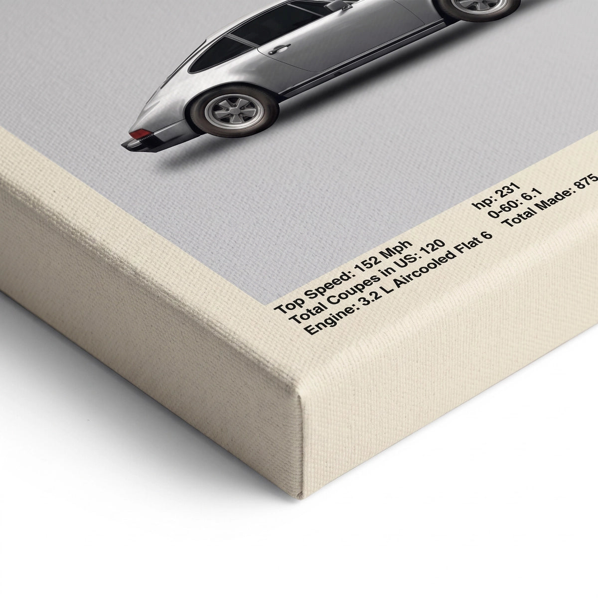 Detalle de la tipografía y acabado en bastidor de madera de pino del cuadro Porsche 911.