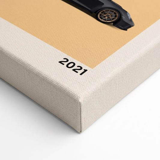 Detalle de la esquina en bastidor de pino y textura de lienzo del cuadro Porsche 911 GT3.