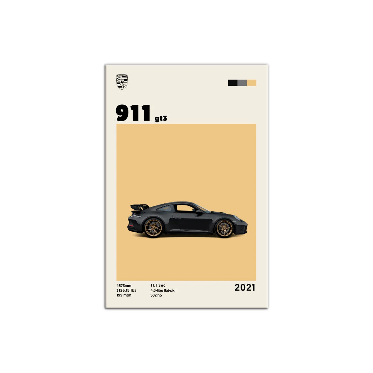 Cuadro estilo póster técnico del Porsche 911 GT3 2021 sobre fondo arena de Intuitivo.