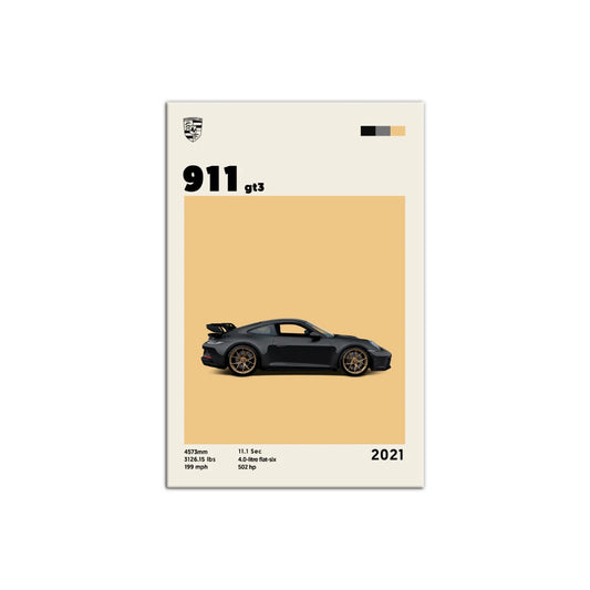 Cuadro estilo póster técnico del Porsche 911 GT3 2021 sobre fondo arena de Intuitivo.