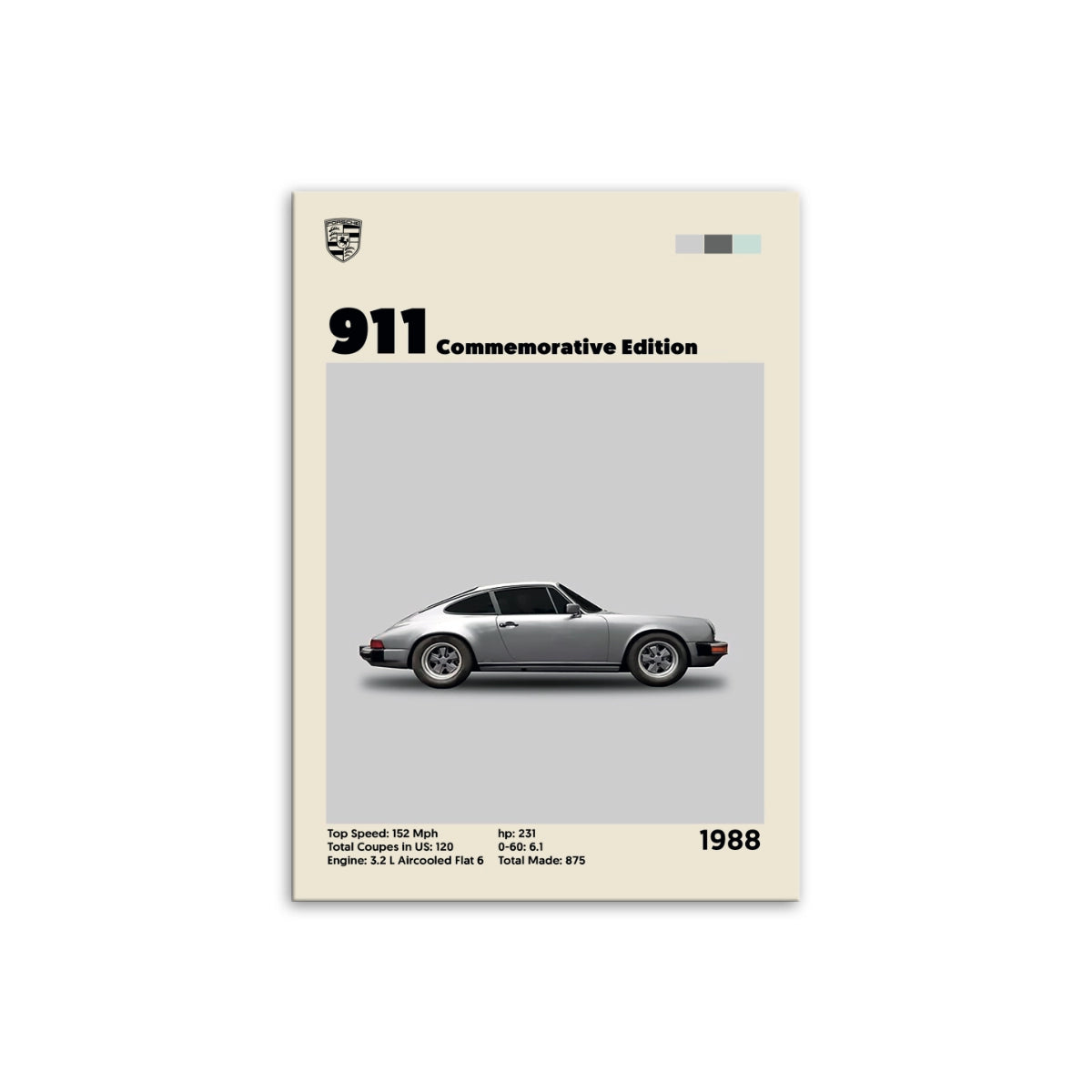 Cuadro editorial de Porsche 911 Commemorative Edition 1988 con especificaciones técnicas sobre fondo crema de Intuitivo.