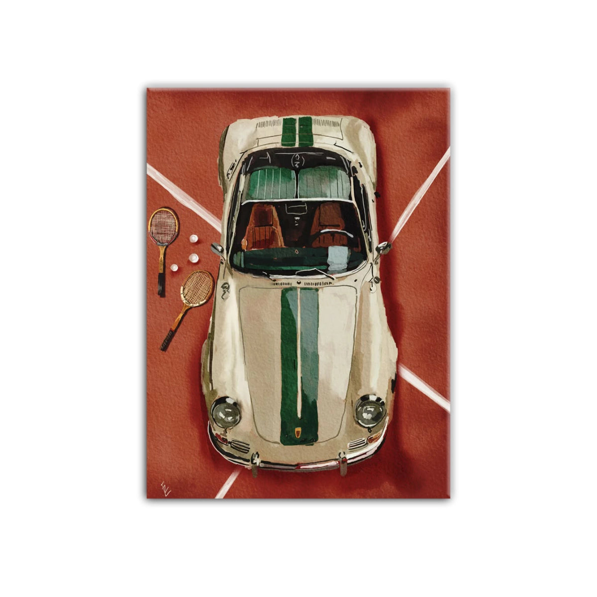 Cuadro ilustrado de un auto clásico beige con franja verde sobre cancha terracota y raquetas de tenis de Intuitivo.