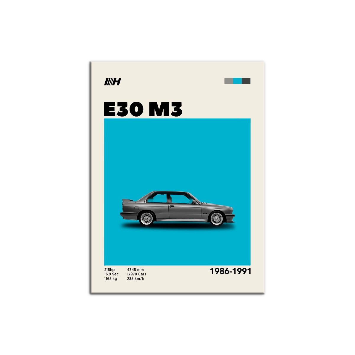 Cuadro estilo póster técnico del clásico BMW M3 E30 sobre bloque azul turquesa de Intuitivo.