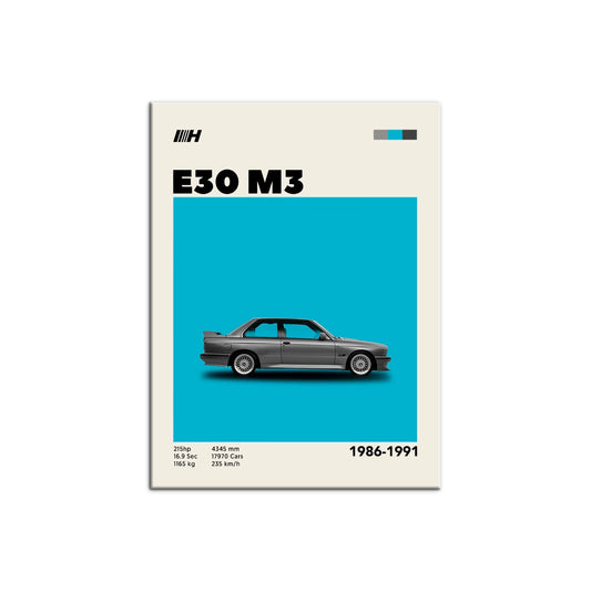 Cuadro estilo póster técnico del clásico BMW M3 E30 sobre bloque azul turquesa de Intuitivo.