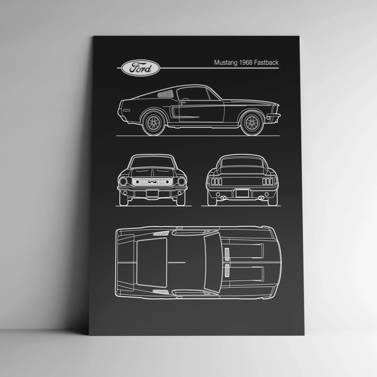 Cuadro de gran formato del Ford Mustang 1968 apoyado en la pared de un estudio contemporáneo.