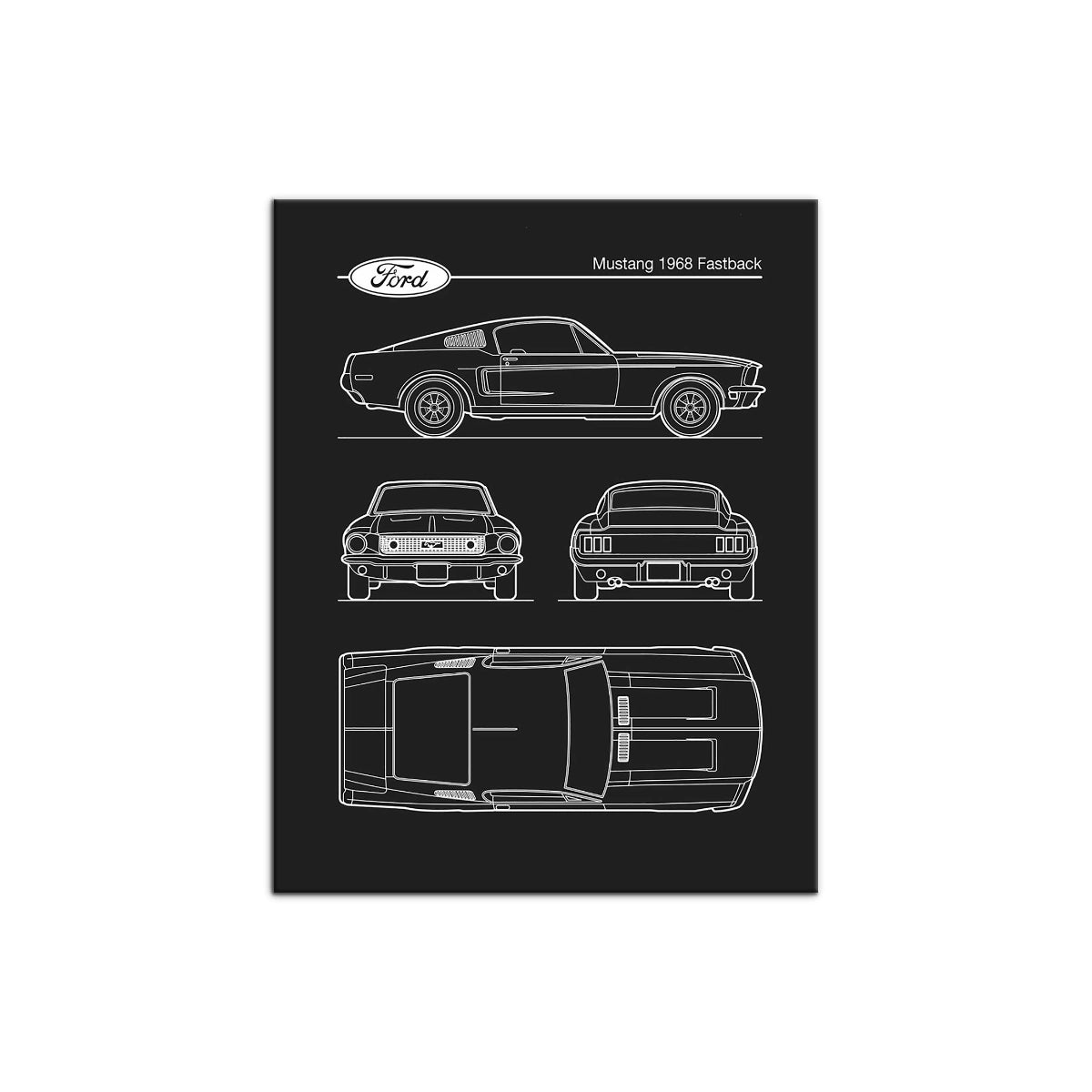 Cuadro estilo blueprint del clásico Ford Mustang 1968 Fastback en líneas blancas sobre fondo negro de Intuitivo