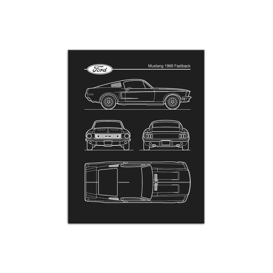 Cuadro estilo blueprint del clásico Ford Mustang 1968 Fastback en líneas blancas sobre fondo negro de Intuitivo