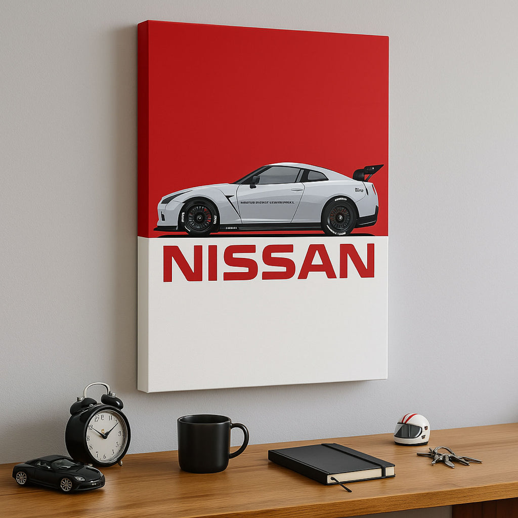 Cuadro del Nissan GT-R colgado sobre escritorio de estilo automotriz con objetos decorativos, sin marco