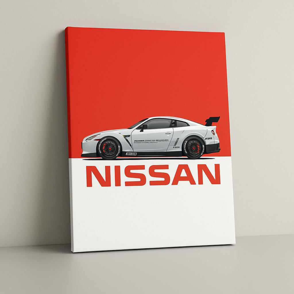 Cuadro decorativo del Nissan GT-R visto en ángulo, sin marco, con bastidor delgado y fondo gris