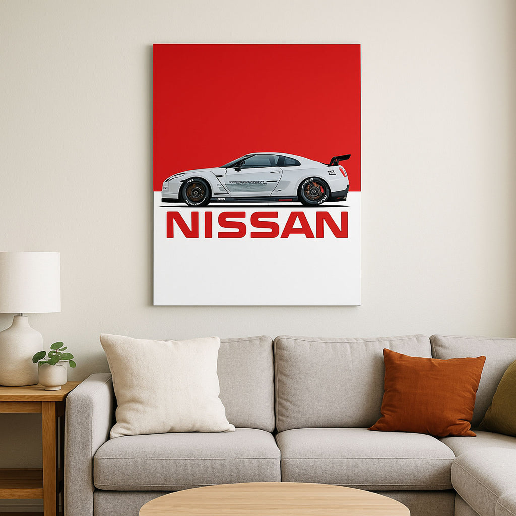 Cuadro Nissan GT-R visto de frente en una sala moderna, bien iluminada, con bastidor