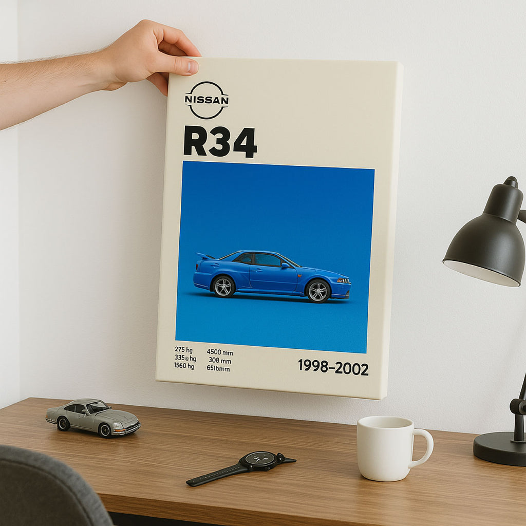 Cuadro del Nissan R34 decorando un escritorio con estilo masculino y objetos automotrices