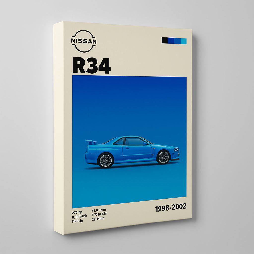 Cuadro decorativo del Nissan R34 sobre pared gris, sin marco y con bastidor delgad