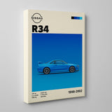 Cuadro decorativo del Nissan R34 sobre pared gris, sin marco y con bastidor delgad
