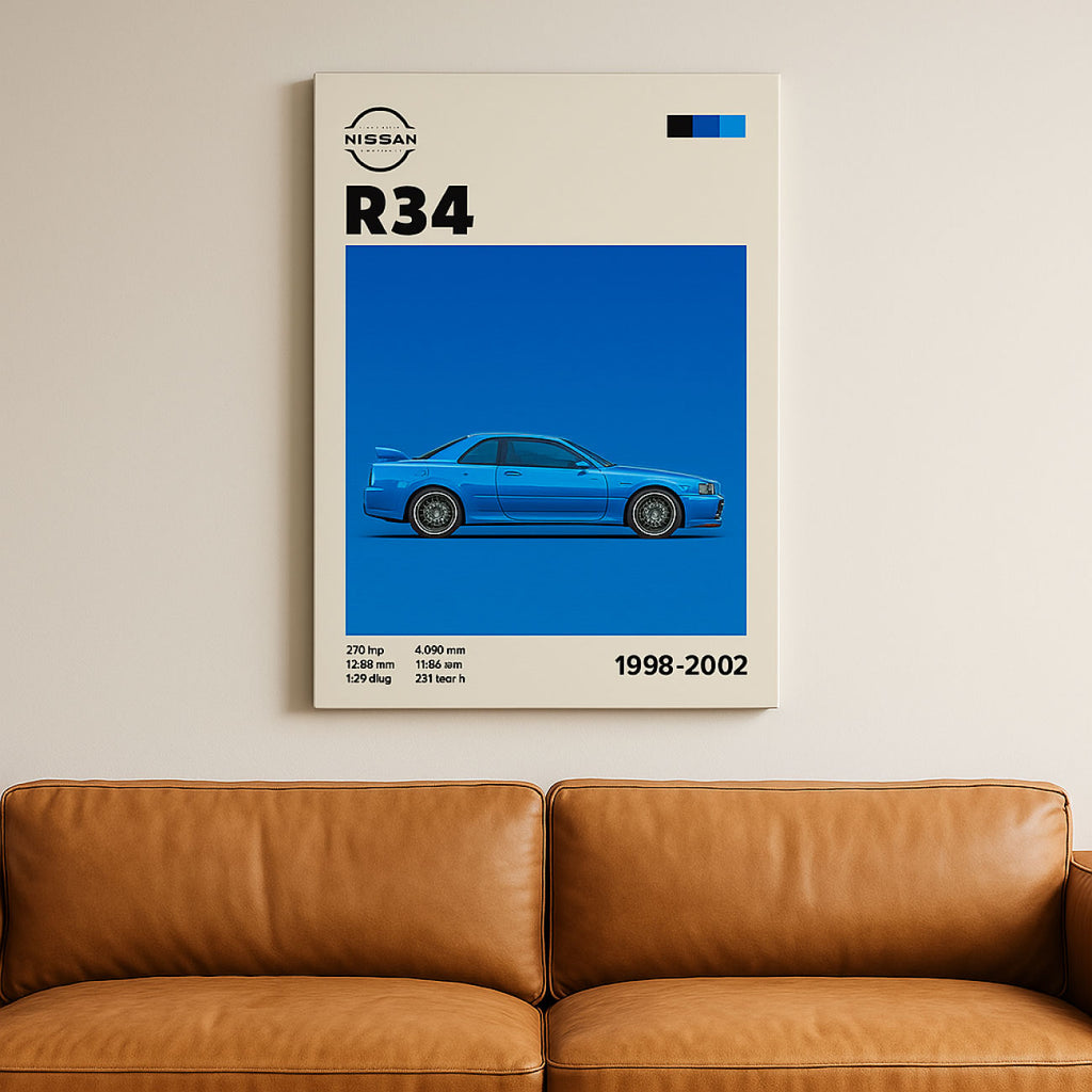 Cuadro del Nissan R34 colgado en una sala moderna, con bastidor delgado y proporción vertical