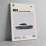 Cuadro decorativo Porsche 911 Commemorative Edition 1988 apoyado sobre pared gris, con bastidor delgado, vista en ángulo