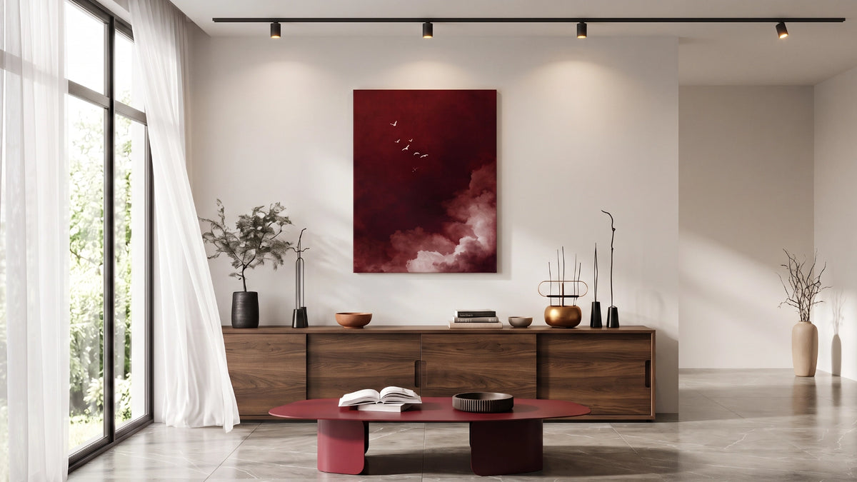 cuadro decorativo sobre consola de madera color rojo, mesa de centro rojo, espacio interior minimalista.