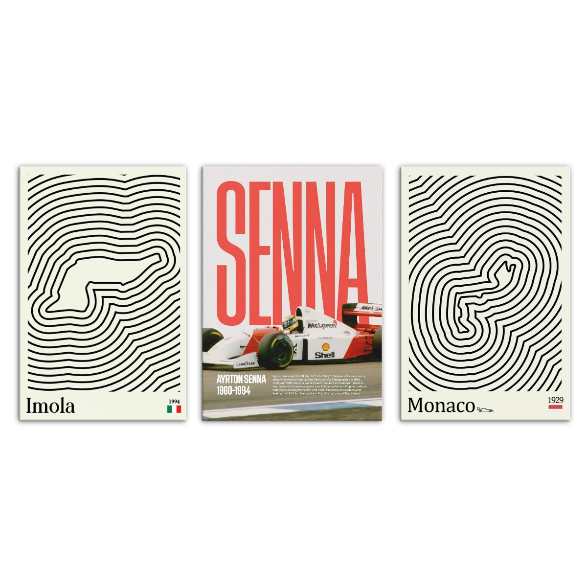 Set de tres cuadros decorativos de Fórmula 1 tributo a Ayrton Senna y circuitos de Monaco e Imola de Intuitivo.
