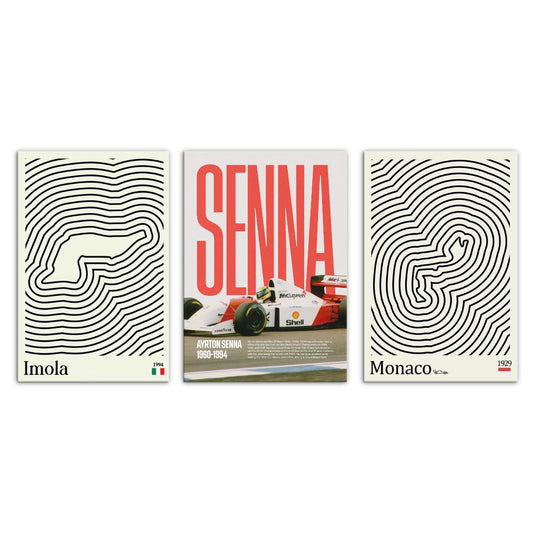 Set de tres cuadros decorativos de Fórmula 1 tributo a Ayrton Senna y circuitos de Monaco e Imola de Intuitivo.