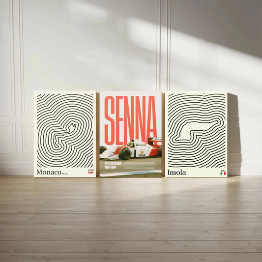 Tríptico de cuadros decorativos de Ayrton Senna y Fórmula 1 en una sala de estar moderna luminosa.